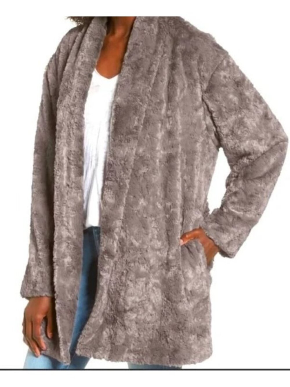 ASTR the Label Skylar Faux Fur Coat Gray Taupe Open Front Women's Medium Luxury